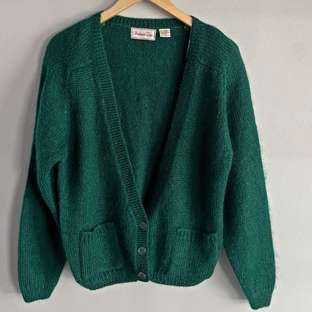 Vintage Mohair Blend Cardigan Green Fuzzy Knit Cozy 80s Penbrooke Lane S